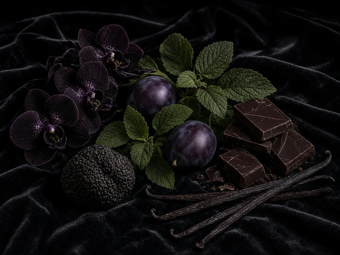 Still life of the notes in Tom Ford Black Orchid Eau de Parfum